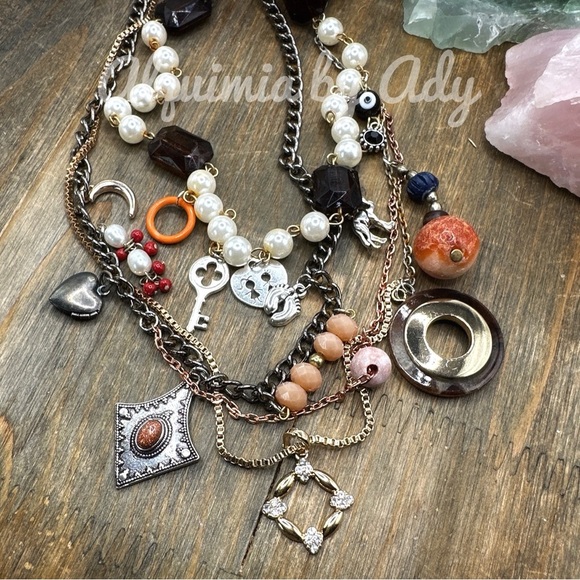 Coral pearl goldstone agate silver statement layered multi charms necklace boho